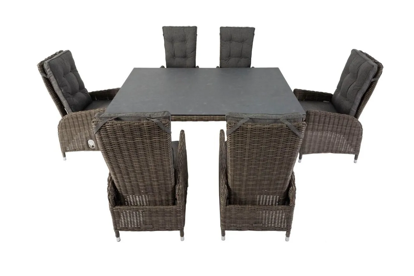 OUTFLEXX Garten-Essgruppe, grau, Polyrattan, Tisch 180x120cm, Spraystone, 8mm, 6 Dining Sessel, verstellbar