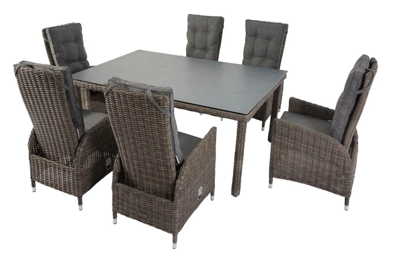 OUTFLEXX Garten-Essgruppe, grau, Polyrattan, Tisch 180x120cm, Spraystone, 8mm, 6 Dining Sessel, verstellbar