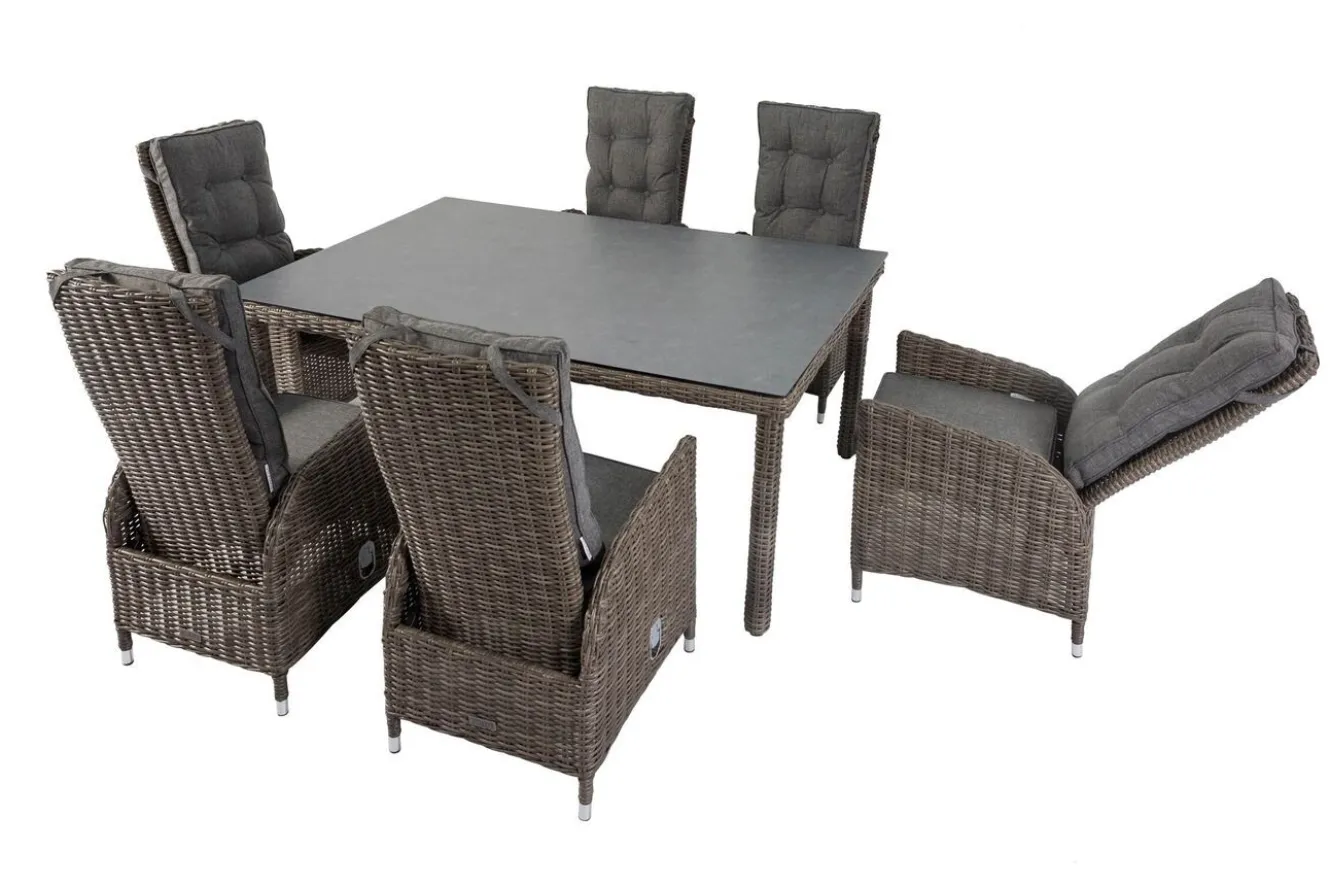 OUTFLEXX Garten-Essgruppe, grau, Polyrattan, Tisch 180x120cm, Spraystone, 8mm, 6 Dining Sessel, verstellbar
