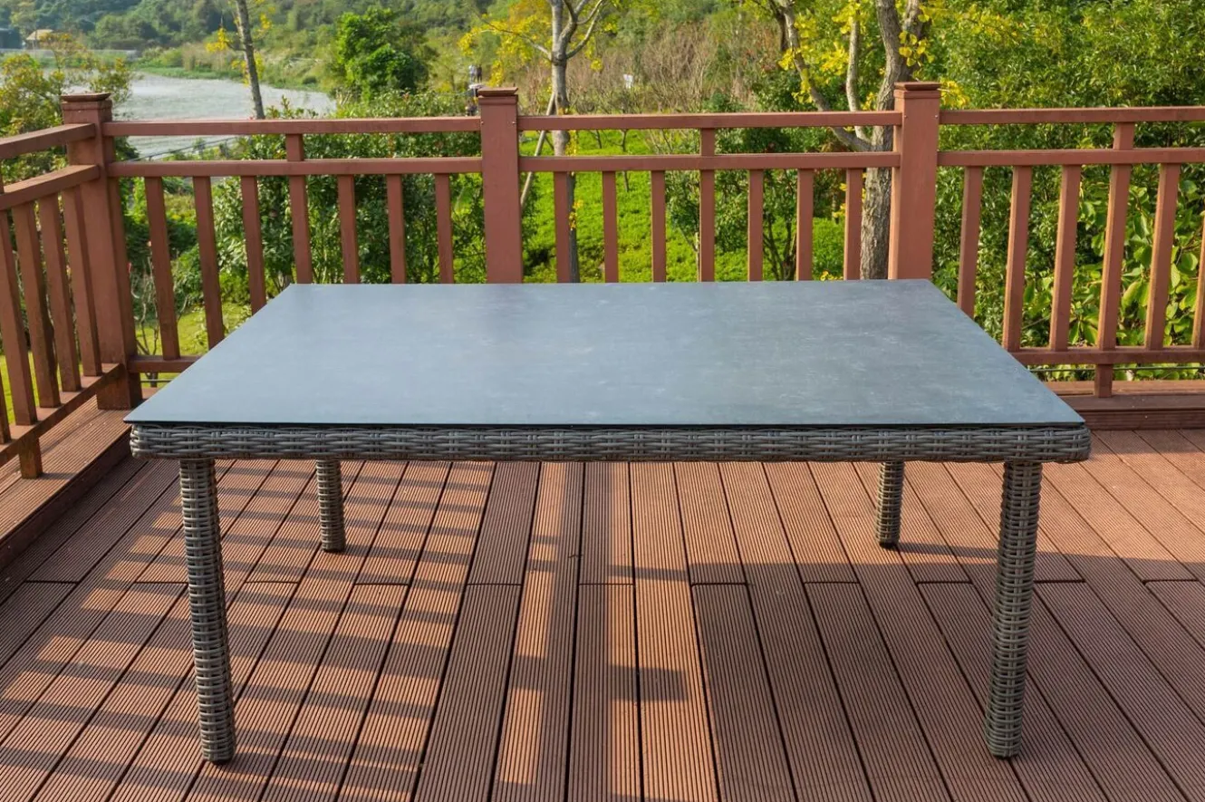 OUTFLEXX Garten-Essgruppe, grau, Polyrattan, Tisch 180x120cm, Spraystone, 8mm, 6 Dining Sessel, verstellbar