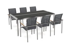 OUTFLEXX Gartenessgruppe, Grau, Edelstahl/Glaskeramik/FSC-Teakholz, Tisch 200x100cm, 6 Diningsessel, Stapelbar, Kratzfest