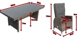 OUTFLEXX Garten-Essgruppe, grau, Polyrattan, Tisch 200 x 95 cm, 6 Sessel, verstellbar