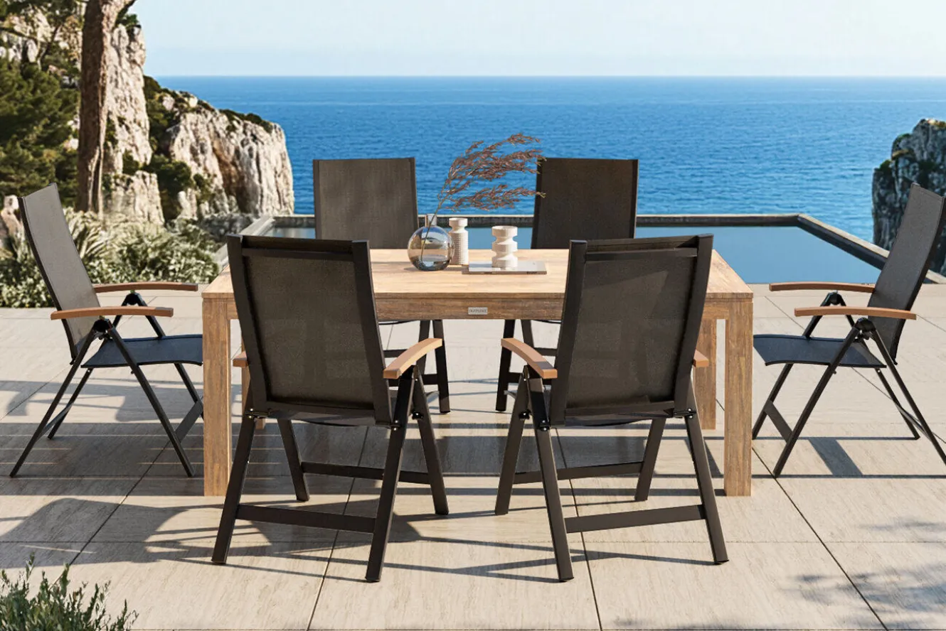 OUTFLEXX Garten-Essgruppe mit 6 Sesseln, anthrazit/natur, Alu/Akazie, klappbar, witterungsbeständig, FSC®-zertifiziertes Produkt