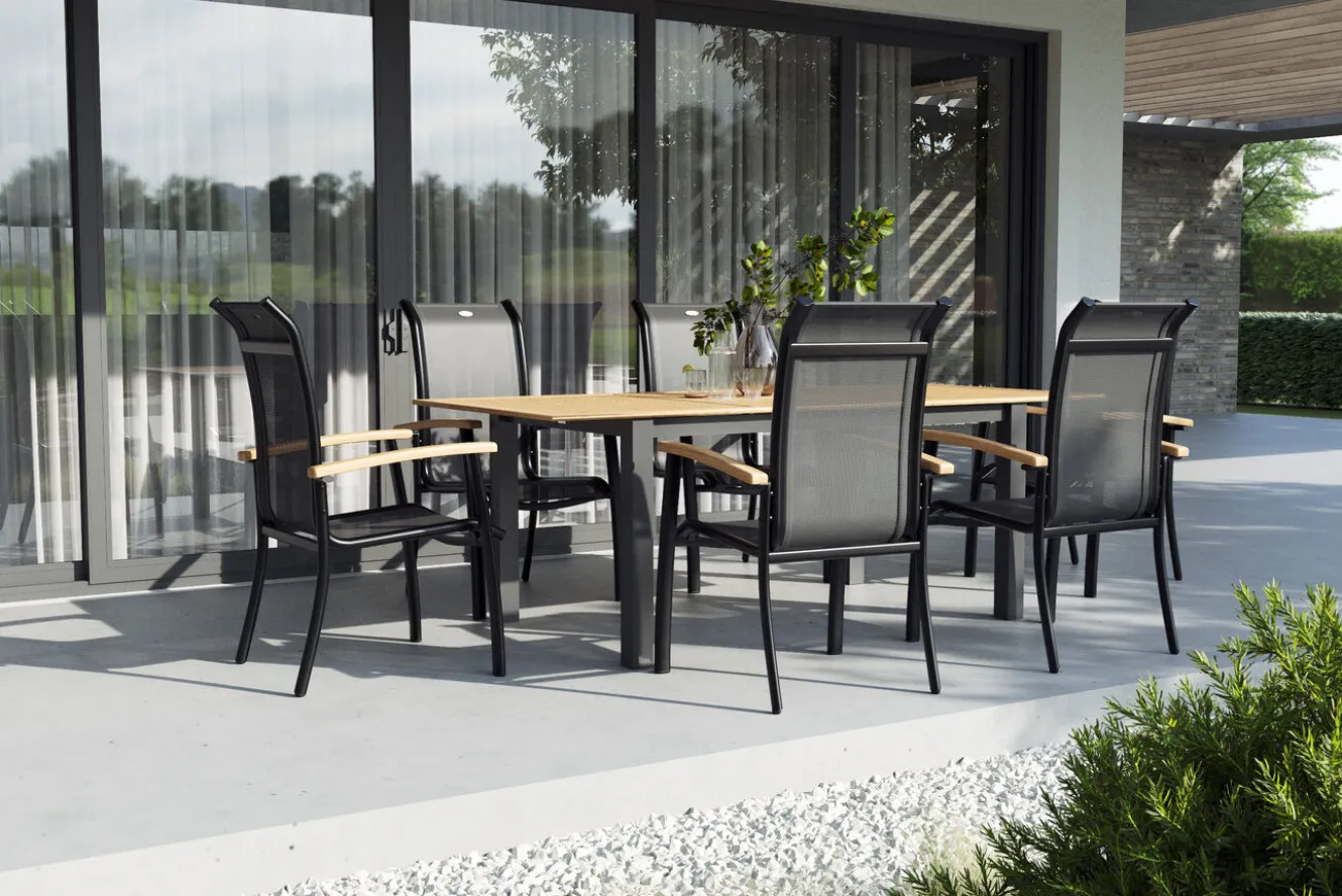 OUTFLEXX Garten-Essgruppe mit 6 Sesseln, xerix/anthrazit, Alu/Textilene, ausziehbar & stapelbar, witterungsbeständig,