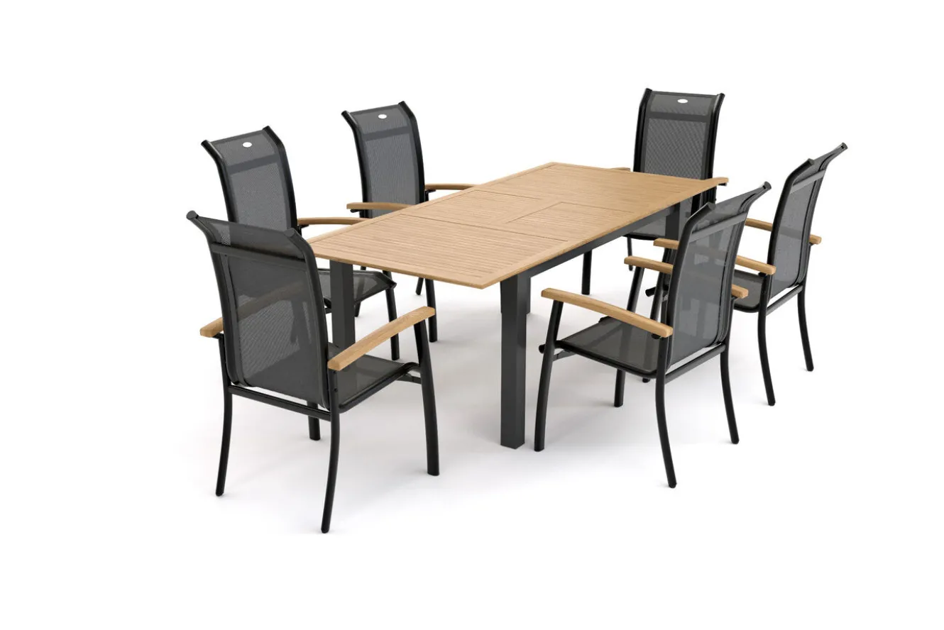 OUTFLEXX Garten-Essgruppe mit 6 Sesseln, xerix/anthrazit, Alu/Textilene, ausziehbar & stapelbar, witterungsbeständig,