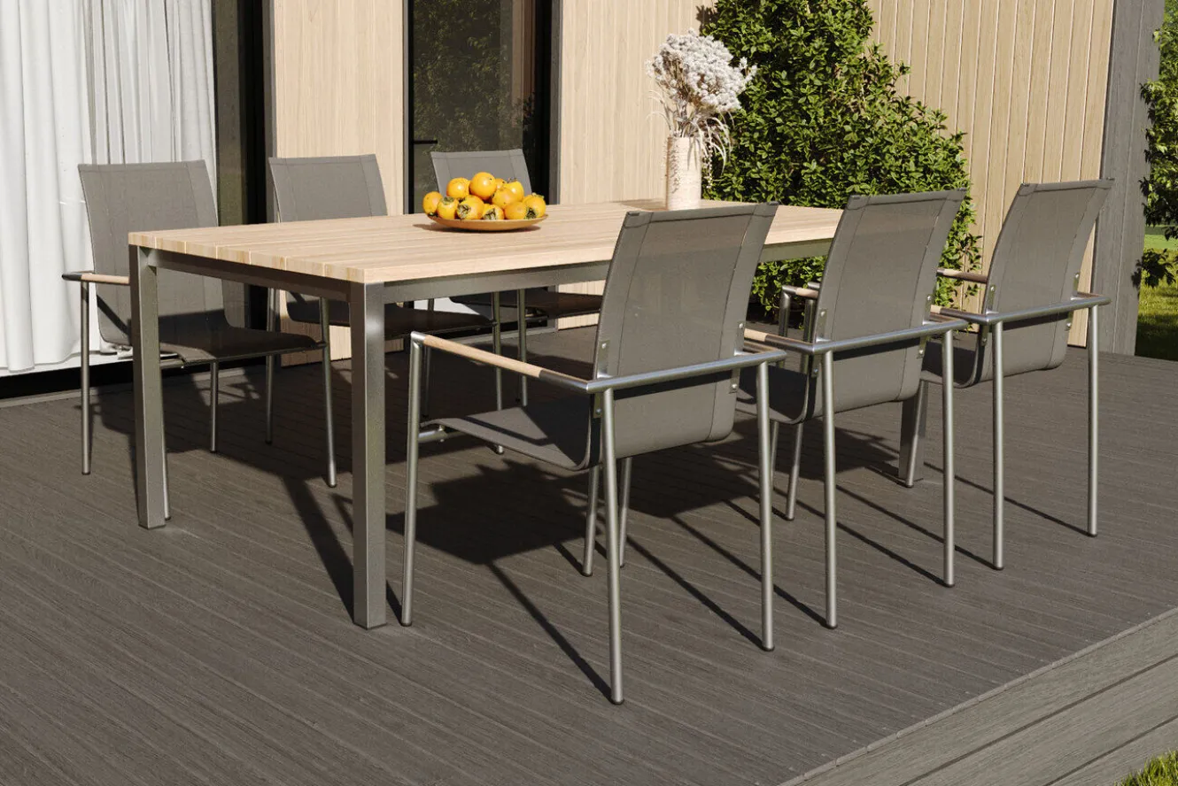 OUTFLEXX Garten-Essgruppe mit 6 Sesseln, silber/anthrazit, Edelstahl/Textilene, stapelbar, schmutzabweisend, pflegeleicht