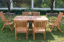 OUTFLEXX Garten-Essgruppe, natur, Akazie, Ausziehtisch 150/200 x 90 cm, 2 Klappstühle, 4 Armlehnensessel, FSC®-zertifiziertes Produkt
