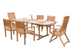 OUTFLEXX Garten-Essgruppe, natur, Akazie, Ausziehtisch 150/200 x 90 cm, 2 Klappstühle, 4 Armlehnensessel, FSC®-zertifiziertes Produkt