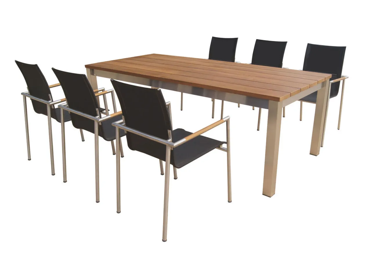 OUTFLEXX Garten-Essgruppe, natur/anthrazit, Edelstahl/Textilene/Teakholz, Ausziehtisch 220/340x100cm, 6 Diningsessel, FSC®-zertifiziertes Produkt