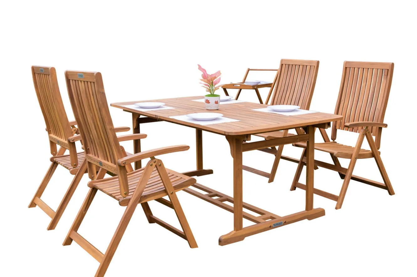 OUTFLEXX Garten-Essgruppe, natur, Akazie, Ausziehtisch 150/200 x 90 cm, 4 Klappstühle, FSC®-zertifiziertes Produkt