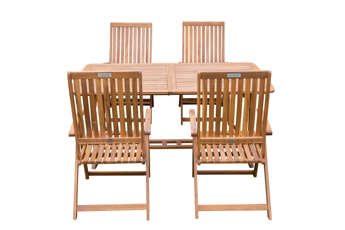 OUTFLEXX Garten-Essgruppe, natur, Akazie, Ausziehtisch 150/200 x 90 cm, 4 Klappstühle, FSC®-zertifiziertes Produkt