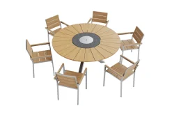 OUTFLEXX Garten-Essgruppe, natur, Edelstahl/Teak, Ø 170 cm, 6 Stapelsessel, inkl. drehbarer Granitplatte + Eiskühler, FSC®-zertifiziertes Produkt