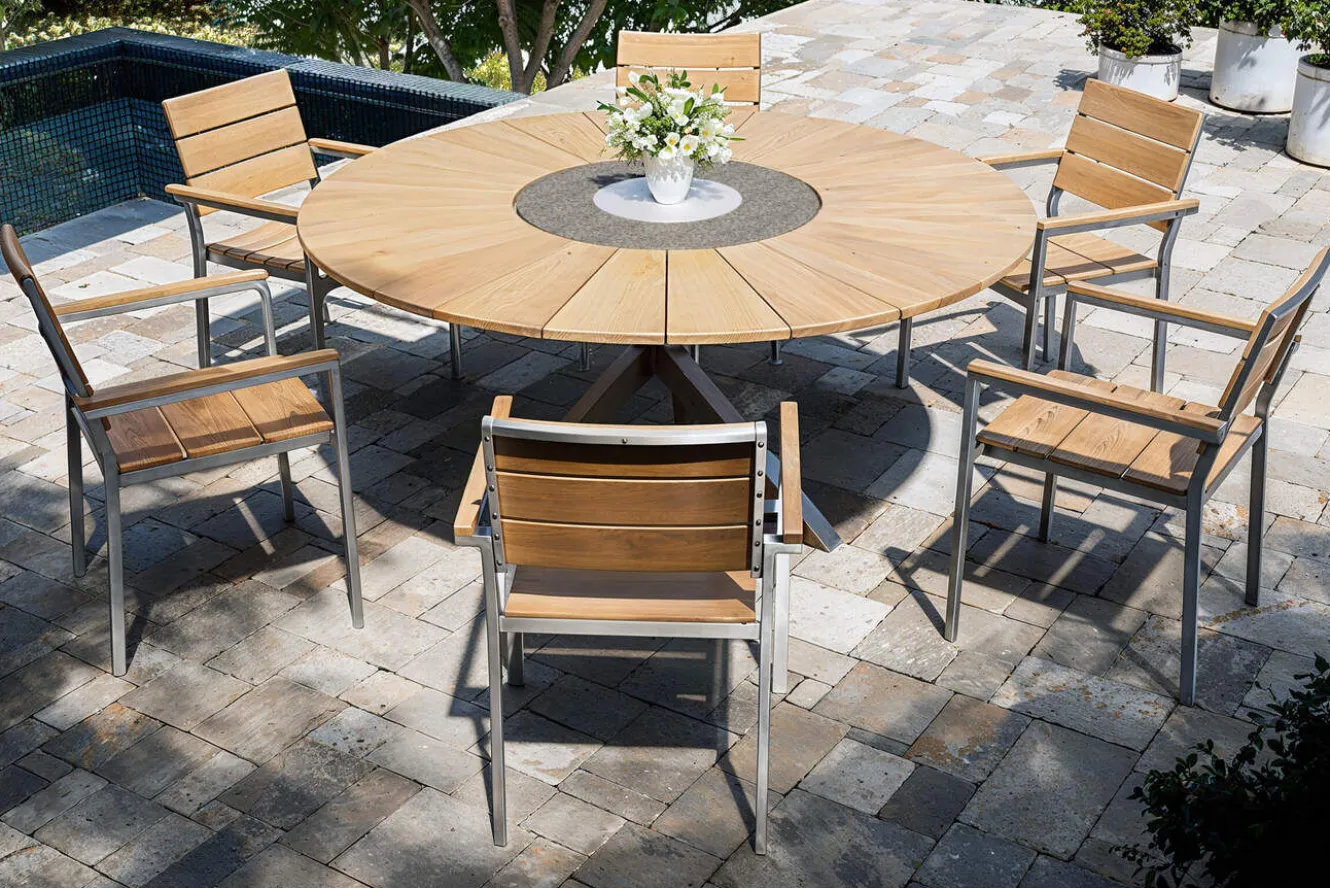 OUTFLEXX Garten-Essgruppe, natur, Edelstahl/Teak, Ø 170 cm, 6 Stapelsessel, inkl. drehbarer Granitplatte + Eiskühler, FSC®-zertifiziertes Produkt