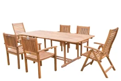 OUTFLEXX Garten-Essgruppe, natur, Akazie, Ausziehtisch 150/200 x 90 cm, 2 Klappstühle, 4 Armlehnensessel, 5-fach verstellbar, FSC®-zertifiziertes Produkt
