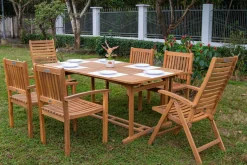 OUTFLEXX Garten-Essgruppe, natur, Akazie, Ausziehtisch 150/200 x 90 cm, 2 Klappstühle, 4 Armlehnensessel, 5-fach verstellbar, FSC®-zertifiziertes Produkt
