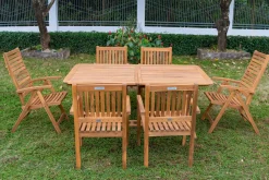 OUTFLEXX Garten-Essgruppe, natur, Akazie, Ausziehtisch 150/200 x 90 cm, 2 Klappstühle, 4 Armlehnensessel, 5-fach verstellbar, FSC®-zertifiziertes Produkt