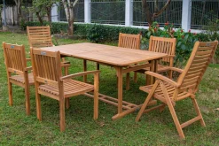 OUTFLEXX Garten-Essgruppe, natur, Akazie, Ausziehtisch 150/200 x 90 cm, 2 Klappstühle, 4 Armlehnensessel, 5-fach verstellbar, FSC®-zertifiziertes Produkt