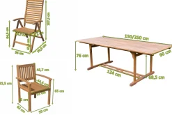 OUTFLEXX Garten-Essgruppe, natur, Akazie, Ausziehtisch 150/200 x 90 cm, 2 Klappstühle, 4 Armlehnensessel, 5-fach verstellbar, FSC®-zertifiziertes Produkt
