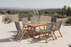 OUTFLEXX Garten-Essgruppe, natur/grau, Akazie/Textilene, Ausziehtisch 180/240 x 100 cm, 6 Klappstühle 5-fach, FSC®-zertifiziertes Produkt