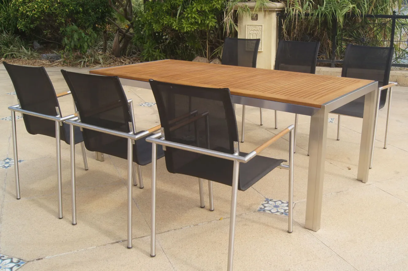 OUTFLEXX Garten-Essgruppe, natur/anthrazit, Edelstahl/Textilene/Teak, Tisch 200x90cm, 6 Diningsessel