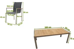 OUTFLEXX Garten-Essgruppe, natur/anthrazit, Edelstahl/Textilene/Teak, Tisch 200x90cm, 6 Diningsessel