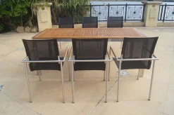 OUTFLEXX Garten-Essgruppe, natur/anthrazit, Edelstahl/Textilene/Teak, Tisch 200x90cm, 6 Diningsessel