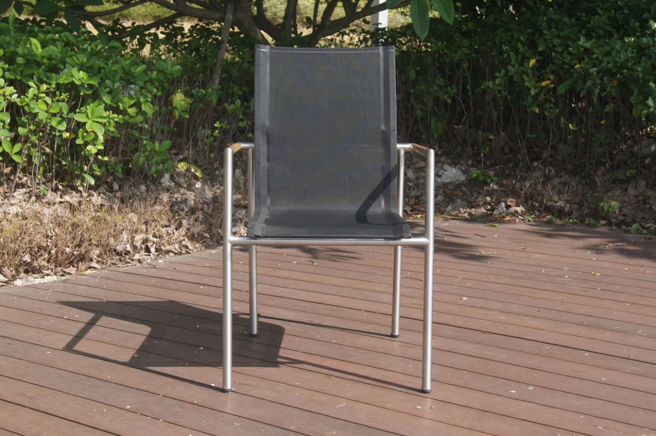 OUTFLEXX Garten-Essgruppe, natur/anthrazit, Edelstahl/Textilene/Teak, Tisch 200x90cm, 6 Diningsessel