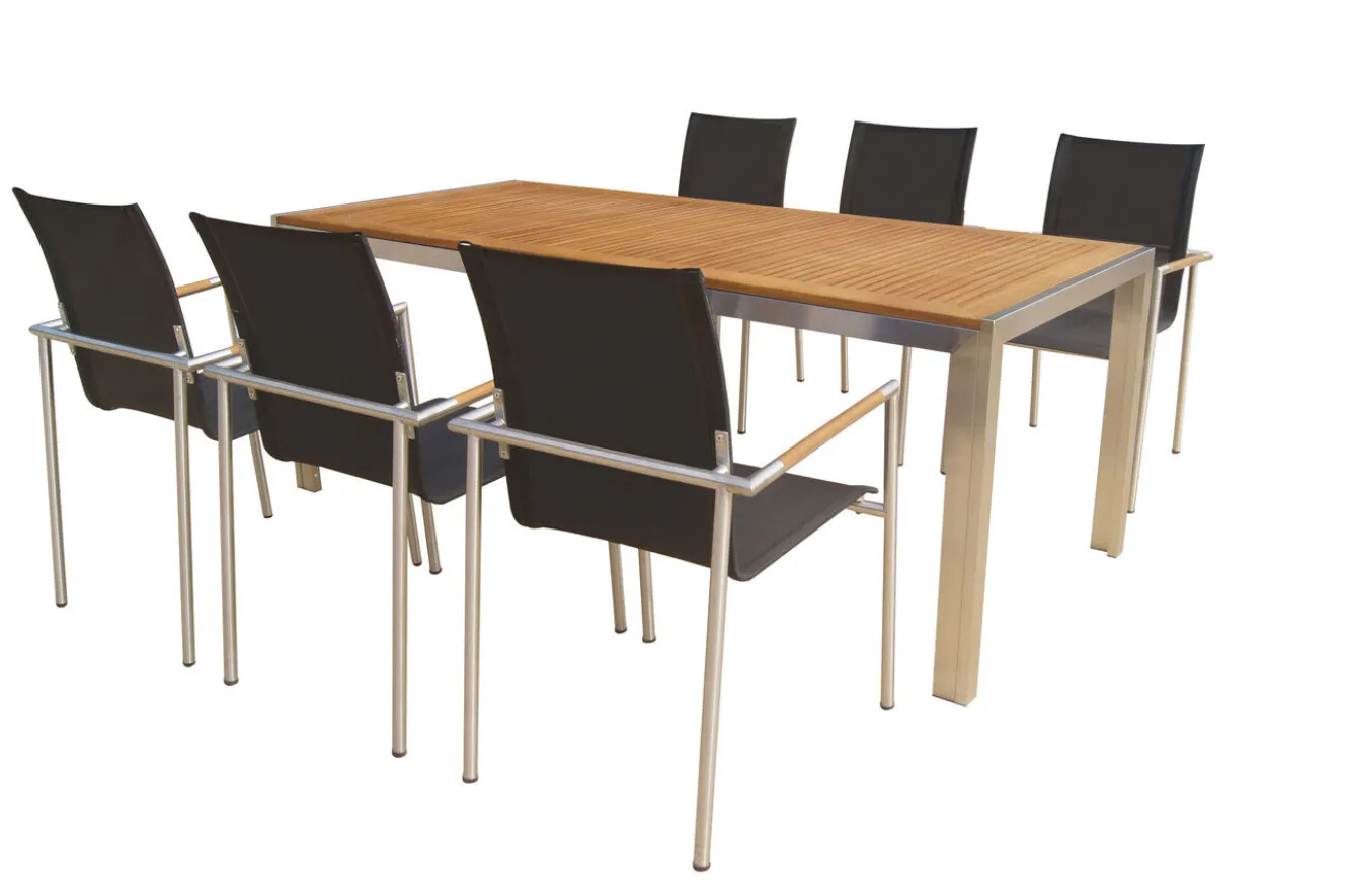 OUTFLEXX Garten-Essgruppe, natur/anthrazit, Edelstahl/Textilene/Teak, Tisch 200x90cm, 6 Diningsessel