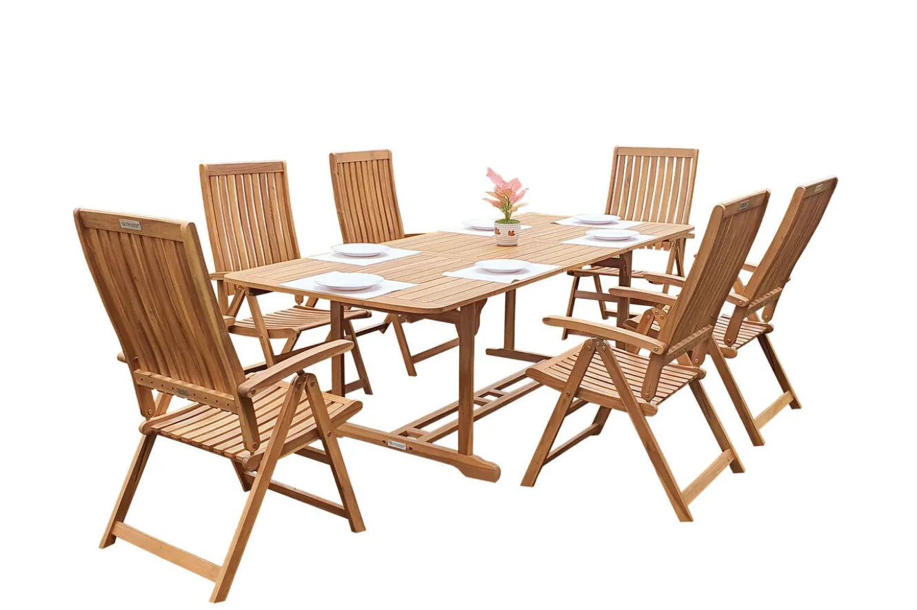 OUTFLEXX Garten-Essgruppe, natur, Akazie, Ausziehtisch 150/200 x 90 cm, 6 Klappstühle, FSC®-zertifiziertes Produkt