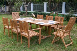 OUTFLEXX Garten-Essgruppe, natur, Akazie, Ausziehtisch 150/200 x 90 cm, 2 Klappstühle, 6 Armlehnensessel, FSC®-zertifiziertes Produkt