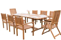 OUTFLEXX Garten-Essgruppe, natur, Akazie, Ausziehtisch 150/200 x 90 cm, 2 Klappstühle, 6 Armlehnensessel, FSC®-zertifiziertes Produkt