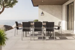 OUTFLEXX Garten-Essgruppe, natur/anthrazit, Edelstahl/Textilene/Teak, Ausziehtisch 150/200x90cm, 8 Diningsessel