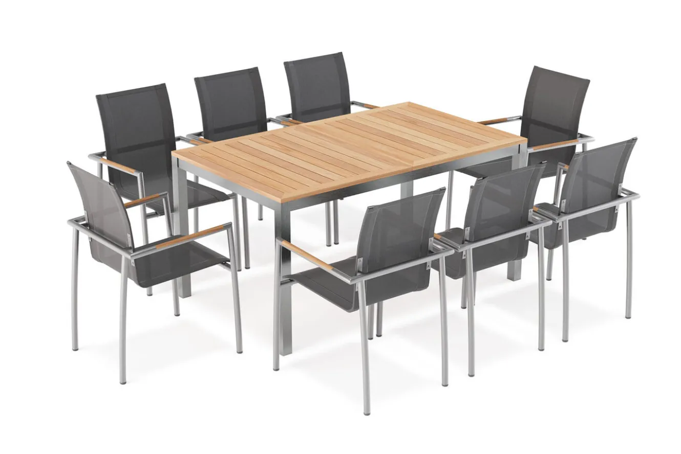 OUTFLEXX Garten-Essgruppe, natur/anthrazit, Edelstahl/Textilene/Teak, Ausziehtisch 150/200x90cm, 8 Diningsessel