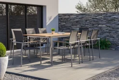 OUTFLEXX Garten-Essgruppe, natur/anthrazit, Edelstahl/Textilene/Teak, Ausziehtisch 150/200x90cm, 8 Diningsessel