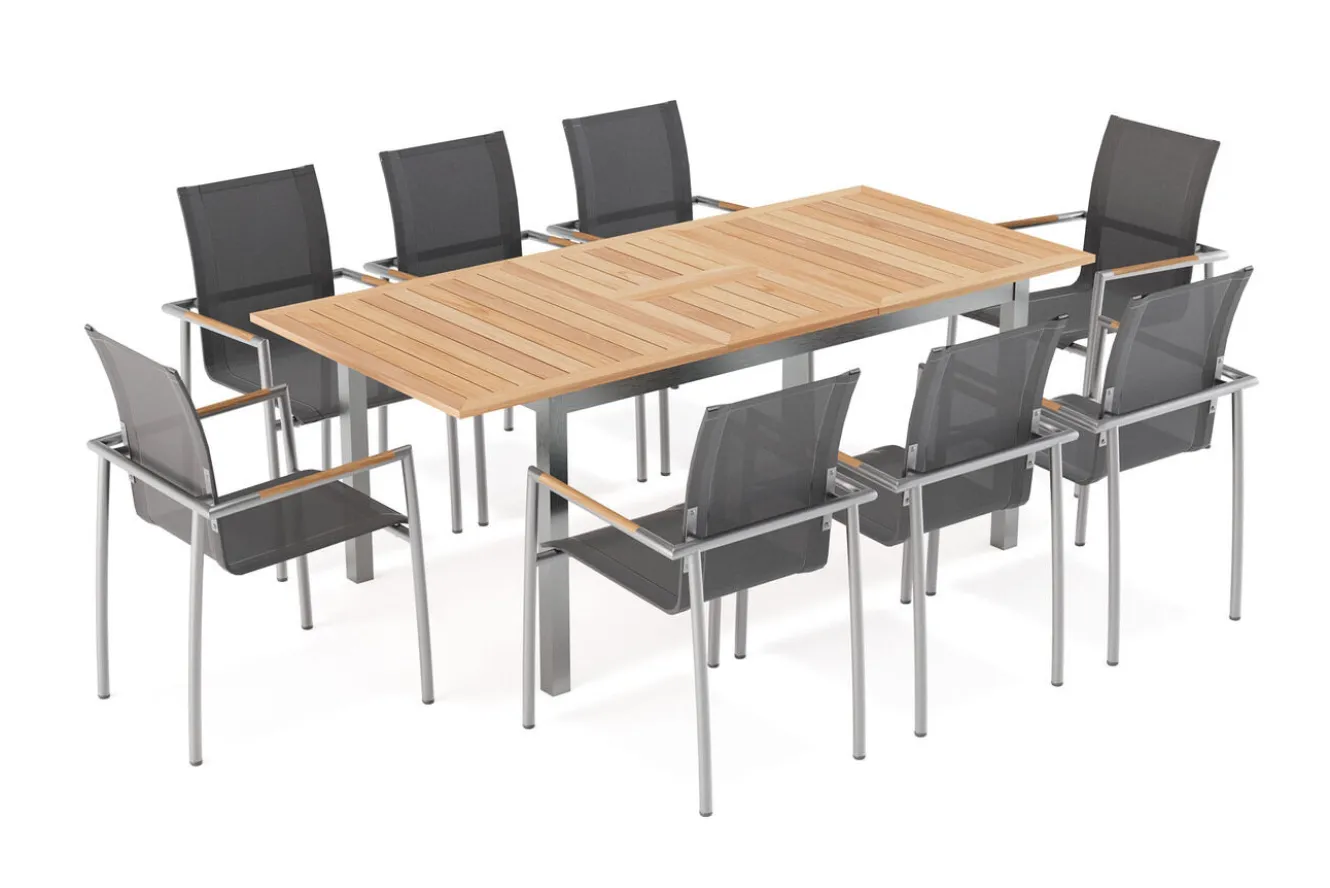 OUTFLEXX Garten-Essgruppe, natur/anthrazit, Edelstahl/Textilene/Teak, Ausziehtisch 150/200x90cm, 8 Diningsessel