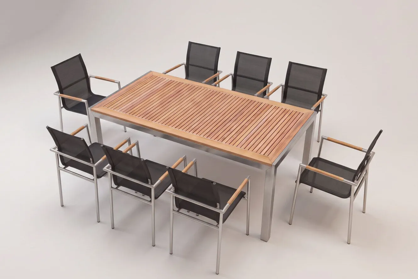 OUTFLEXX Garten-Essgruppe, natur/anthrazit, Edelstahl/Textilene/Teak, Tisch 180x90cm, 8 Diningsessel