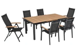 OUTFLEXX Garten-Essgruppe, OUTFLEXX® anthrazit matt, Alu / Teak / Textil, Tisch 180/240 x 100cm, 4 Stapelsessel, 2 Klappstühle