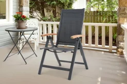 OUTFLEXX Garten-Essgruppe, OUTFLEXX® anthrazit matt, Alu / Teak / Textil, Tisch 180/240 x 100cm, 4 Stapelsessel, 2 Klappstühle