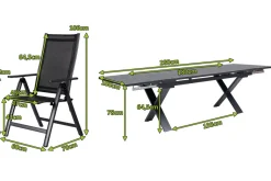 OUTFLEXX Garten-Essgruppe, OUTFLEXX® anthrazit matt, Alu / Spraystone / Textil, Tisch 180/280x100cm, 8 Klappstühle