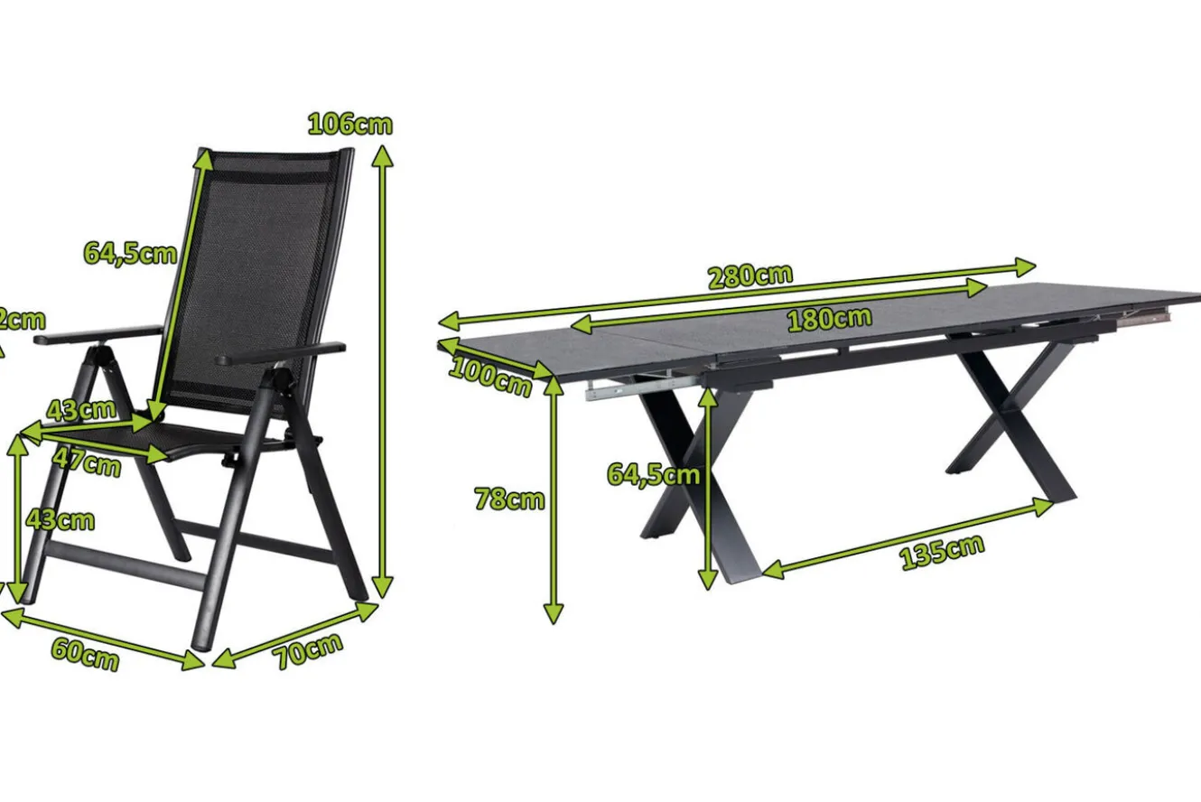 OUTFLEXX Garten-Essgruppe, OUTFLEXX® anthrazit matt, Alu / Spraystone / Textil, Tisch 180/280x100cm, 8 Klappstühle