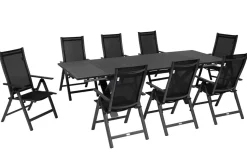 OUTFLEXX Garten-Essgruppe, OUTFLEXX® anthrazit matt, Alu / Spraystone / Textil, Tisch 180/280x100cm, 8 Klappstühle