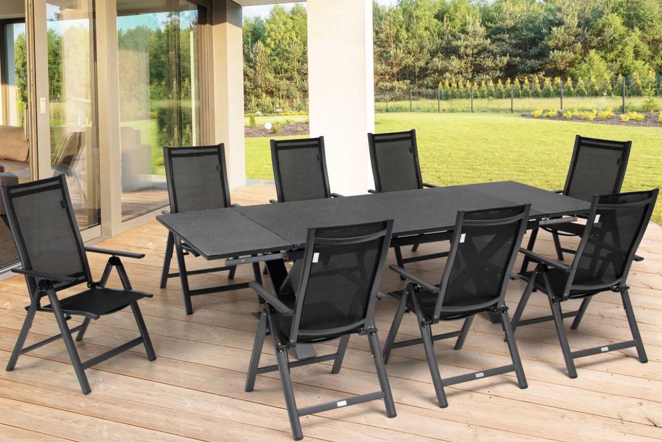 OUTFLEXX Garten-Essgruppe, OUTFLEXX® anthrazit matt, Alu / Spraystone / Textil, Tisch 180/280x100cm, 8 Klappstühle
