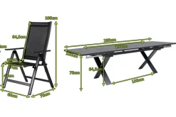OUTFLEXX Garten-Essgruppe, OUTFLEXX® anthrazit matt, Alu / Spraystone / Textil, Tisch 180/280x100cm, 8 Klappstühle