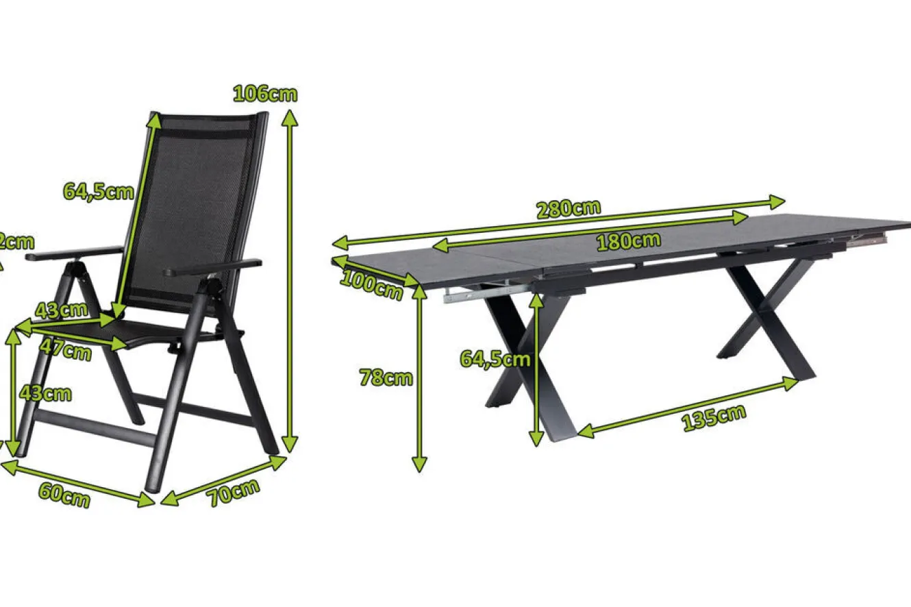 OUTFLEXX Garten-Essgruppe, OUTFLEXX® anthrazit matt, Alu / Spraystone / Textil, Tisch 180/280x100cm, 8 Klappstühle
