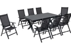 OUTFLEXX Garten-Essgruppe, OUTFLEXX® anthrazit matt, Alu / Spraystone / Textil, Tisch 180/280x100cm, 8 Klappstühle