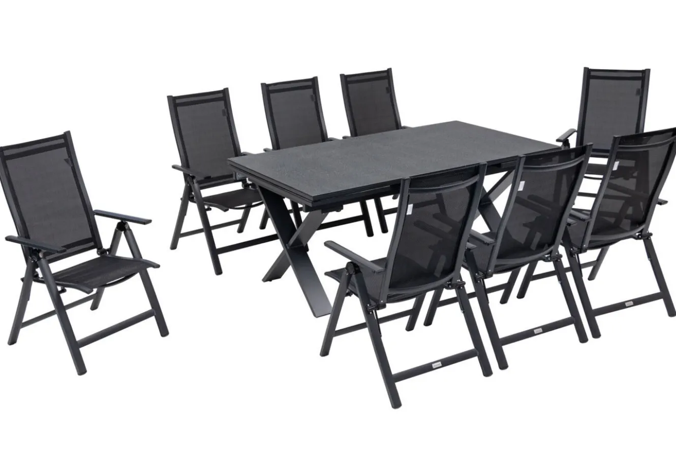 OUTFLEXX Garten-Essgruppe, OUTFLEXX® anthrazit matt, Alu / Spraystone / Textil, Tisch 180/280x100cm, 8 Klappstühle