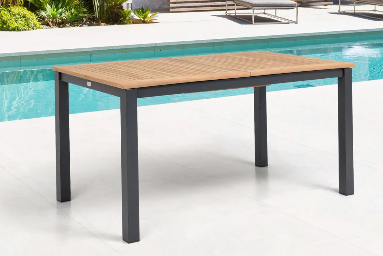 OUTFLEXX Garten-Essgruppe, OUTFLEXX® anthrazit matt, Alu / Teak / Textil, Ausziehtisch 150/210x90cm, 6 Stapelsessel