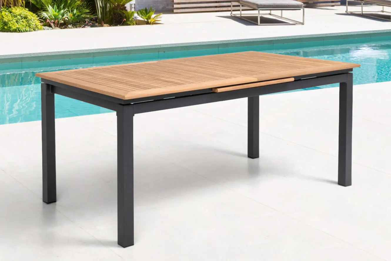 OUTFLEXX Garten-Essgruppe, OUTFLEXX® anthrazit matt, Alu / Teak / Textil, Ausziehtisch 180/240 x 100cm, 6 Stapelsessel, 2 Klappstühle