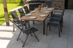 OUTFLEXX Garten-Essgruppe, OUTFLEXX® anthrazit matt, Alu / Teak / Textil, Ausziehtisch 180/240 x 100cm, 6 Stapelsessel, 2 Klappstühle