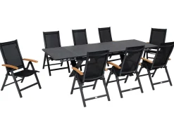 OUTFLEXX Garten-Essgruppe, OUTFLEXX® anthrazit matt, Alu / Spraystone / Teak, Tisch 180/280x100cm, 8 Klappstühle
